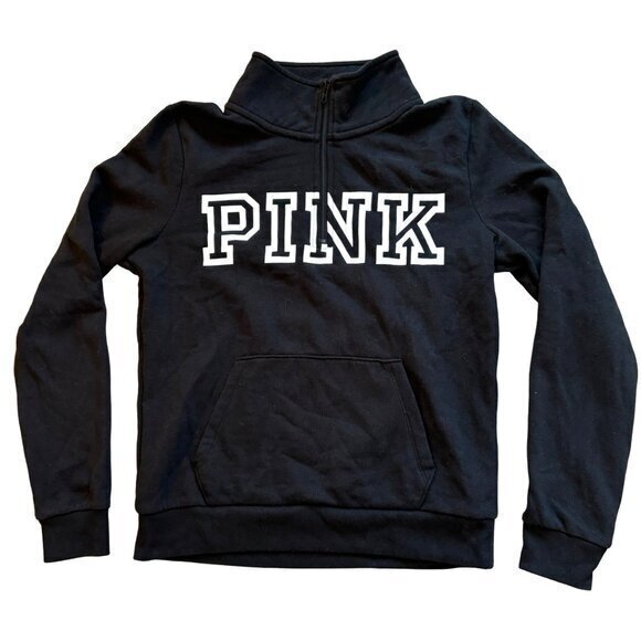 PINK 3/4 Zip Pullover Sweatshirt Sweater Black Front Pocket Size Small‎ - Picture 1 of 6